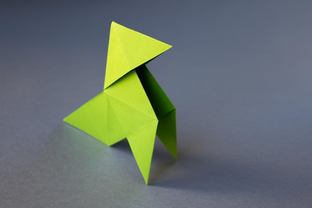 Origami de gallina de papel verde aislado en un fondo gris