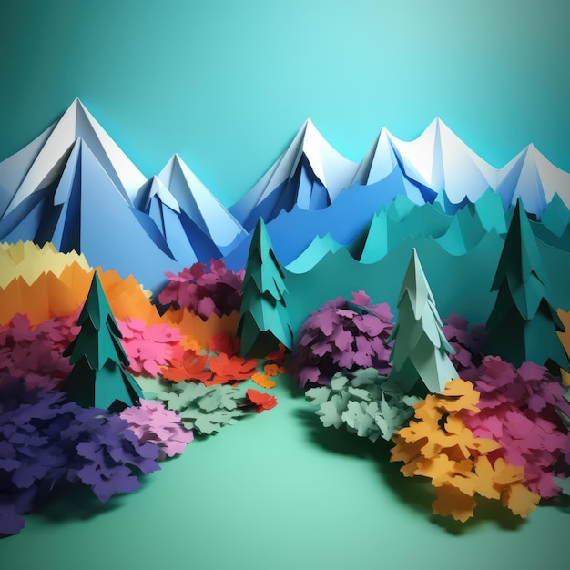 Origami-Landschaft mit Bäumen und Bergen, erstellt mit generativer KI-Technologie