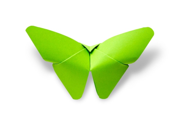 Origami de mariposa de papel verde aislado en un fondo blanco