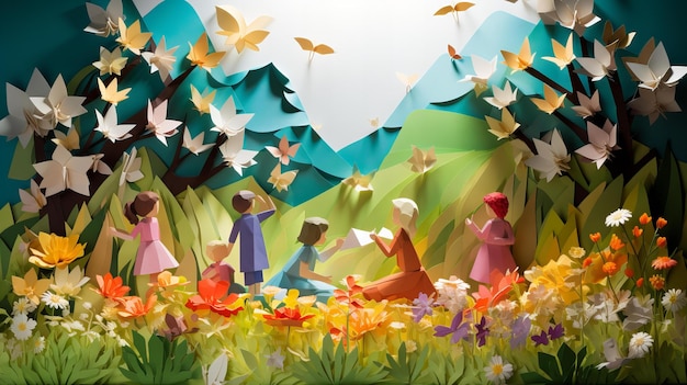 Origami Meadow deleita a los niños y el arco iris en un país de las maravillas de papel
