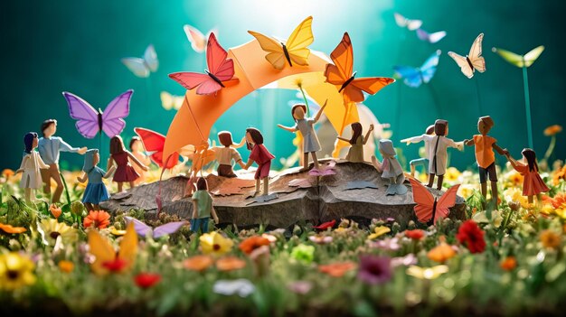 Origami Meadow Delight Children e Rainbow em um País das Maravilhas de Papel