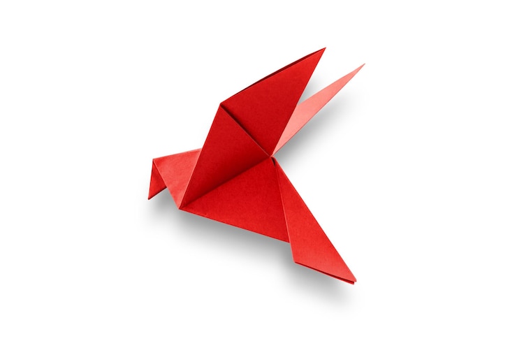 Foto origami de paloma de papel rojo aislado sobre un fondo blanco
