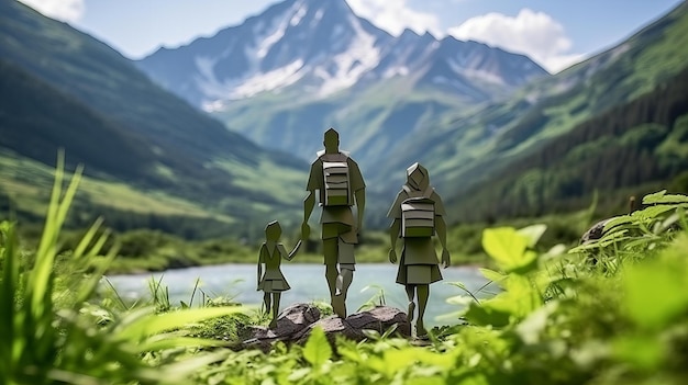 Origami-Papiermodell einer Familie im Urlaub, die eine Wanderung in einer wunderschönen Landschaft in der Natur macht