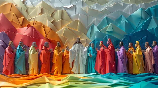 Foto origami-szene, in der pilatus jesus der menge präsentiert