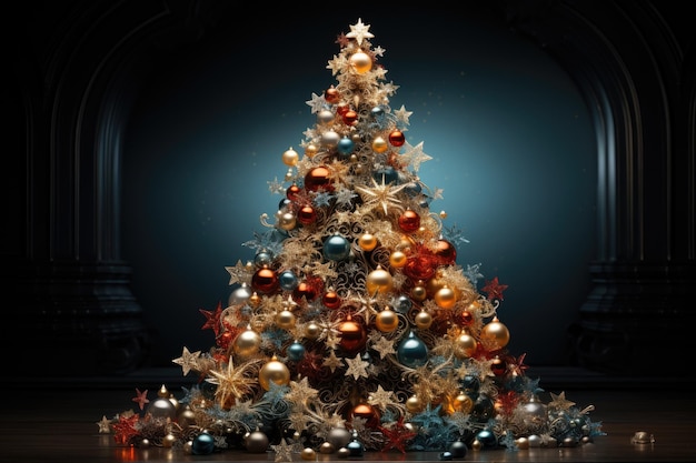 Original árbol de Navidad hecho de estrellas doradas y bolas sobre fondo azul oscuro