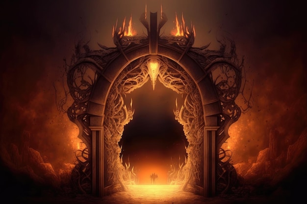 Original diseño de puerta al infierno en forma de arco iluminado