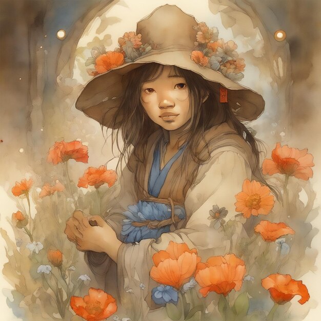 Original Prompt Ming Noipeasant entre flores Acuarela Jean Baptiste Monge Style