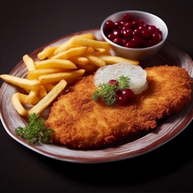 un original Wiener schnitzel con papas fritas y arándanos