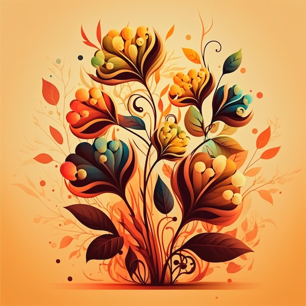 Originelles Blumendesign mit exotischen Blumen und tropischen Blättern Bunte Blumen auf orangefarbenem Hintergrund