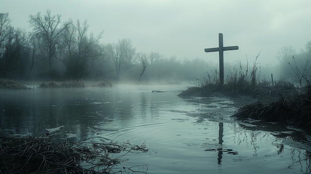 Foto una orilla cubierta de niebla con una cruz solitaria en el fondo