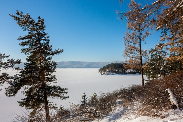 Orilla del lago escénico en invierno