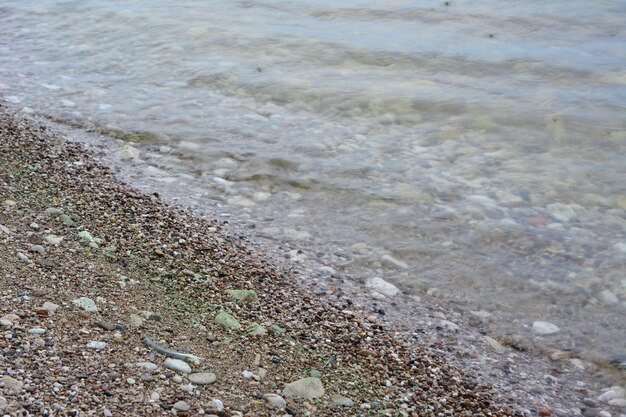 orilla del mar con agua pura, arena y piedras aisladas, de cerca