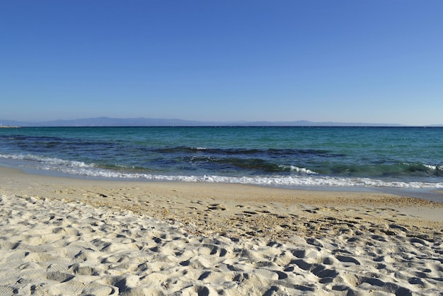 Orilla del mar en octubre Playa de arena Kassandra Halkidiki Grecia