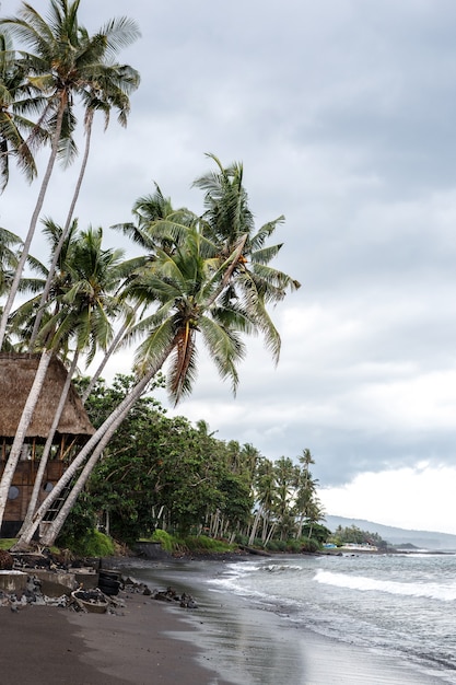 La orilla del océano. Una casa en la jungla está rodeada de agua. Arena negra volcánica. isla de Bali