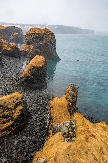 La orilla en el pequeño pueblo de Arnarstapi de la península de Snaefellsnes en Islandia