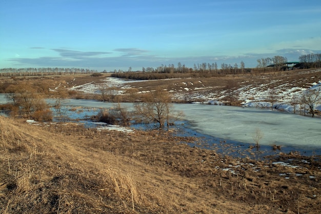 La orilla de un pequeño río a principios de primavera