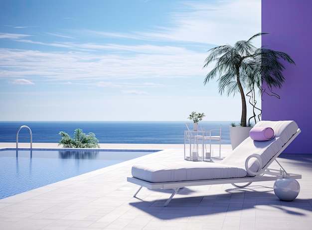 La orilla piscina de lujo con sillas de sol de moda blancas en la playa diseño exterior creado ingenio