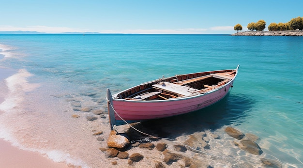 Orilla de la playa con encanto, paisaje, cielo azul y pequeño barco.