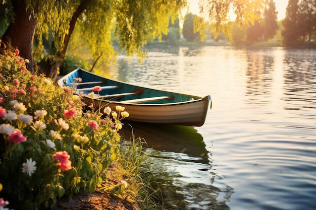 Orilla del río iluminada por el sol con botes de remo