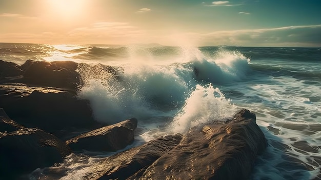 Orilla rocosa con naturaleza indómita playa océano cielo olas surfista deportes acuáticos potencia de movimiento