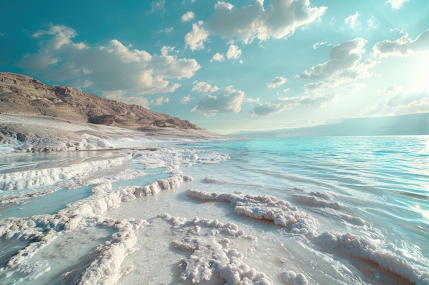 Foto la orilla salada del mar muerto ein bokek israel