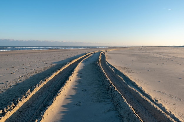 Orilla soleada con pista de ruedas en las arenas en Norderney