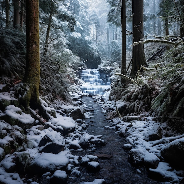 Las orillas de un arroyo que cae en un denso bosque están cubiertas de nieve