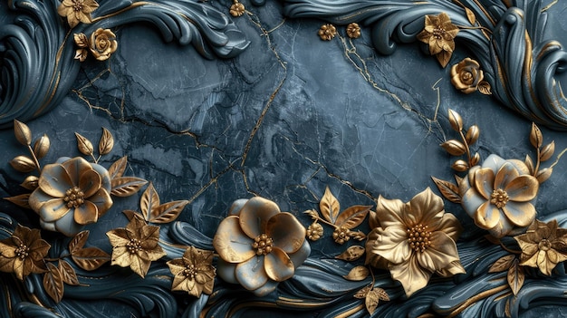Ornados elementos de marco barroco dorado en mármol azul texturizado