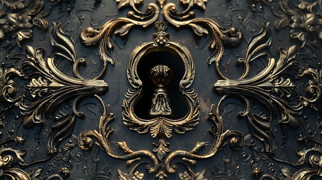 Ornamentação de metal dourado com um buraco de chave no centro