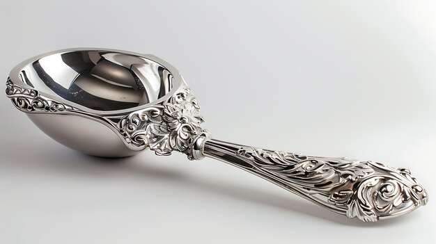 Foto ornamentada cuchara de plata con intrincado diseño floral y de hojas perfecta para agregar un toque de elegancia a su próxima cena