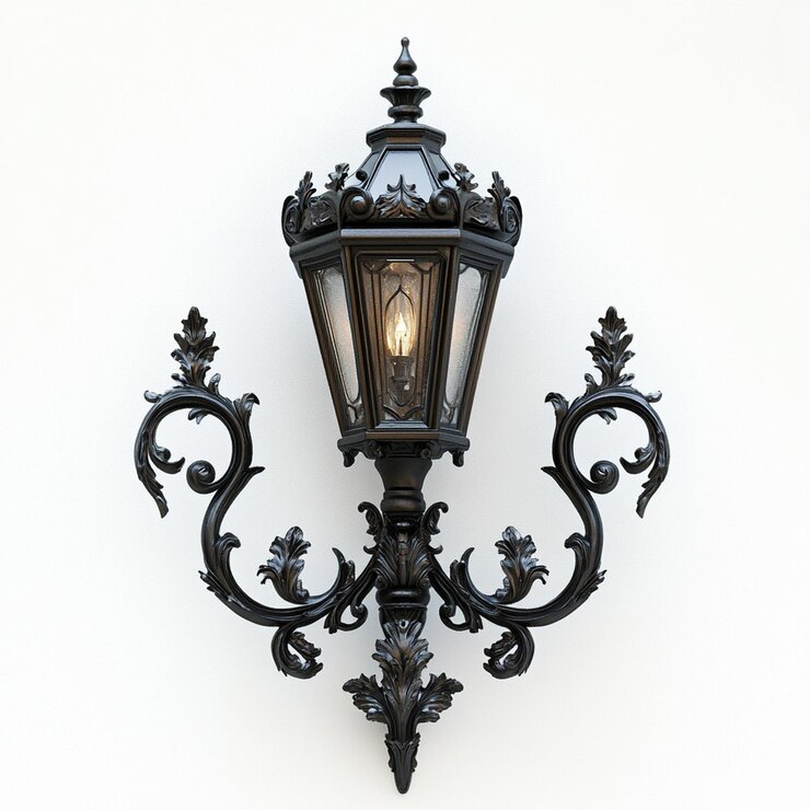 Ornamentada escultura de lámpara de calle sobre un fondo blanco
