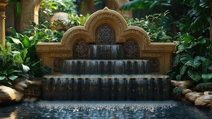 Ornamentada fuente de aguas en cascada en un jardín exuberante 1