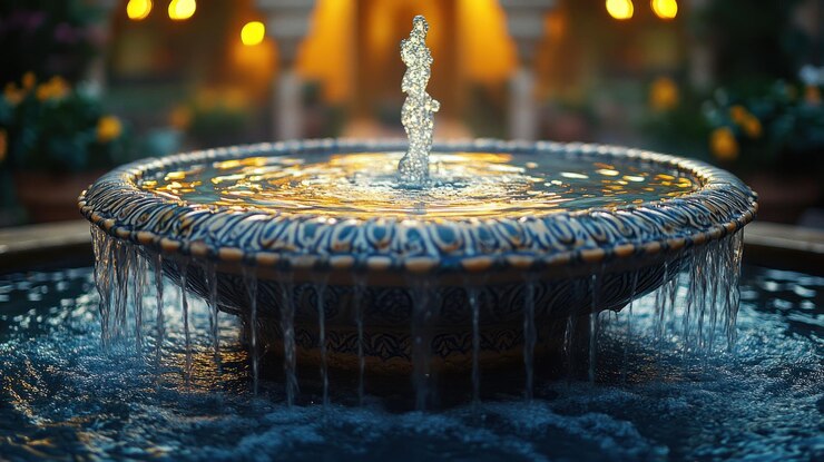 Ornamentada fuente salpicando agua en un entorno de jardín con detalles intrincados en el cuenco