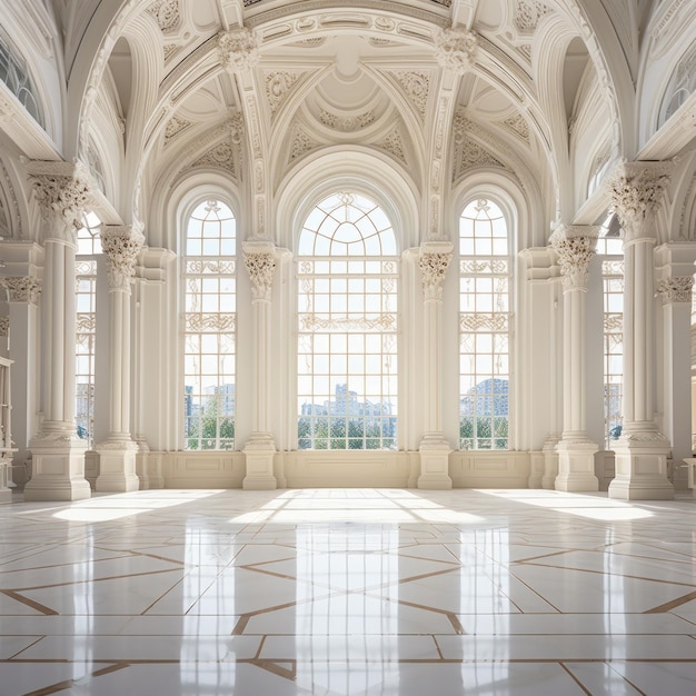 Ornamentada sala de mármol blanco con ventanas arqueadas y columnas