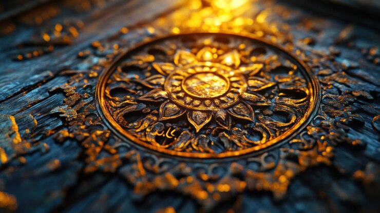 Ornamentado diseño circular dorado tallado en madera oscura