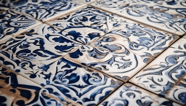 El ornamentado piso de azulejos de mosaico de estilo árabe muestra la elegancia antigua en interiores generada por la IA