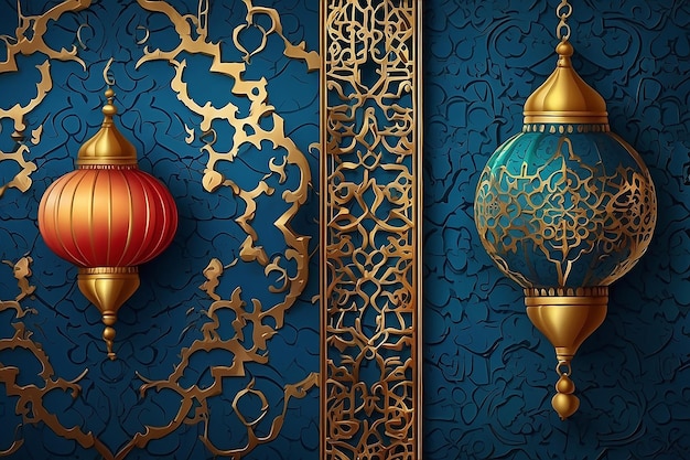 Ornamental Gong Xi Fa Cai Ramadán Mubarak Kareem Techno Festival árabe oriental Eid Al Fitr De vuelta a Fitr en el colorido patrón azul de la textura de fondo