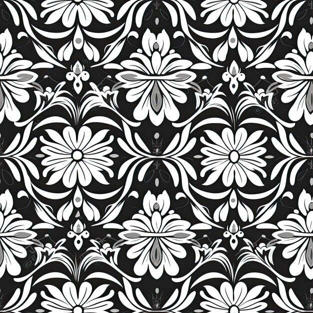 Ornamentales Blumenmuster in Schwarz und Weiß, AI generiert