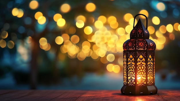 Ornamentelle arabische Laterne mit brennender Kerze, die nachts leuchtet Einladung für den muslimischen heiligen Monat Ramadan Kareem