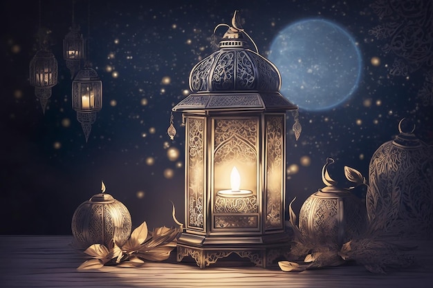 Ornamentelle arabische Laterne mit brennender Kerze, die nachts leuchtet Feierliche Grußkarte Einladung für den muslimischen heiligen Monat Ramadan Kareem