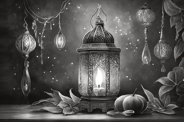 Ornamentelle arabische Laterne mit brennender Kerze, die nachts leuchtet Feierliche Grußkarte Einladung für den muslimischen heiligen Monat Ramadan Kareem