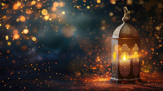 Ornamentelle arabische Laterne mit brennender Kerze, die nachts leuchtet und glitzernden goldenen Bokeh-Lichtern Feierliche Grußkarte Einladung für den muslimischen heiligen Monat Ramadan Kareem Dunkler Hintergrund