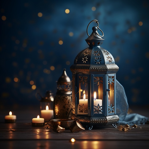 Ornamentelle arabische Laterne mit brennender Kerze Feierliche Grußkarte Einladung für den muslimischen Ramadan