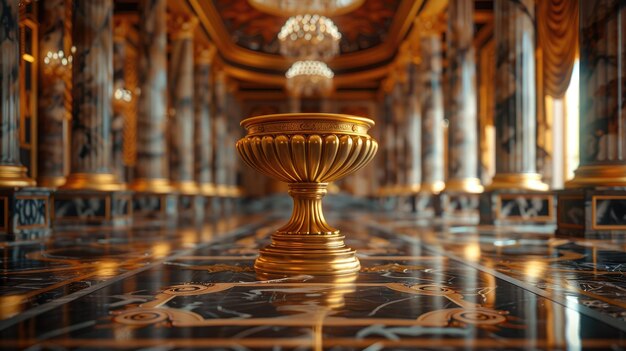Ornamenter goldener Sockel auf glänzendem Marmorboden im Barockstil
