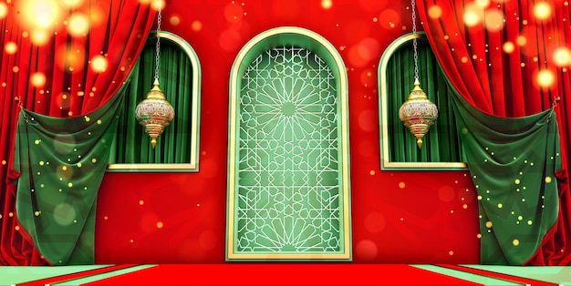 Ornamento árabe dourado na parede vermelha com porta islâmica conceito vip islâmico ramadan eid mubarak cortinas vermelhas