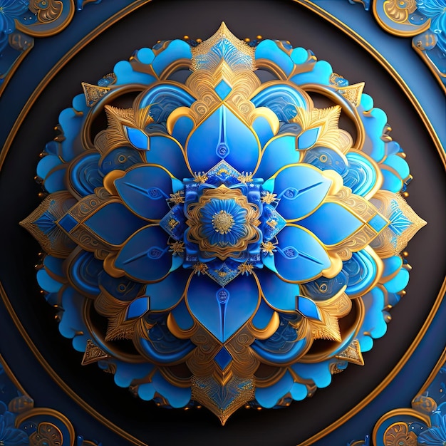 Ornamento azul simétrico intrincado abstrato Formas fractais brilhantes fantásticas Papel de parede festivo