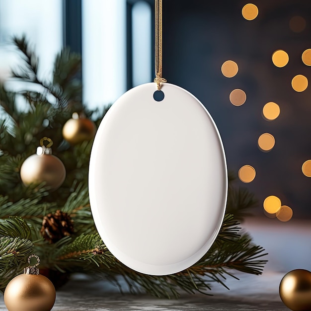 Foto un ornamento blanco colgando de un árbol de navidad con luces detrás de él