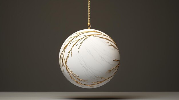 un ornamento blanco plano redondo diseñado con un agujero colgante y una cuerda dorada reluciente hábilmente situada contra un fondo de madera blanca angustiada envuelta por ramas de pino exuberantes