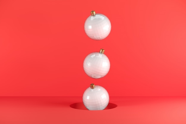 Ornamento branco flutuando no vermelho. idéia mínima de Natal. Renderização em 3D.