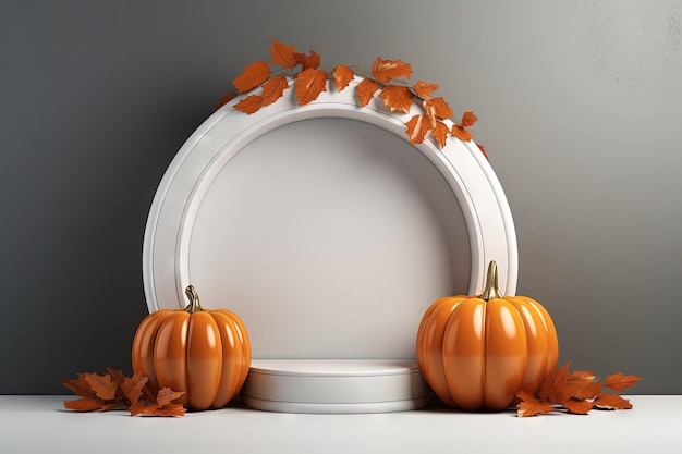 Ornamento de calabaza de Halloween adornado con podio blanco y espacio para exhibición de anuncios